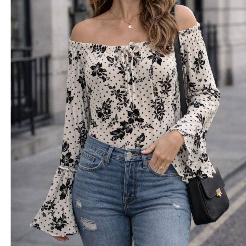 Free People Intimately Black & White Floral Polka Dot Bell Sleeve Bodysuit XS